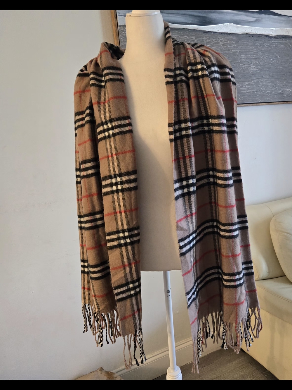 Burberry Classic 28w 75 Large Plaid Fringe Scarf - Camel, Black & Red